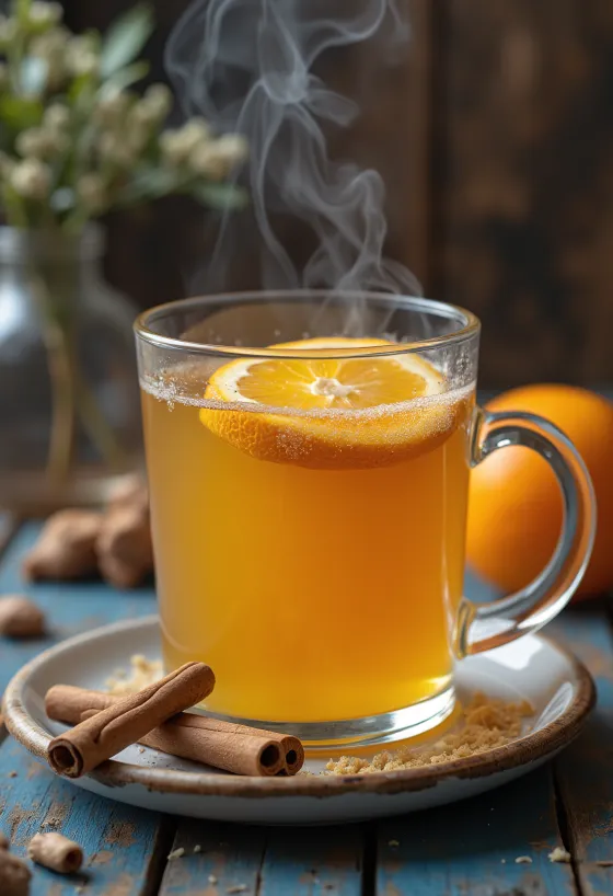 Ponche de laranja com cravo, bebida quente decorada com rodela de laranja e canela