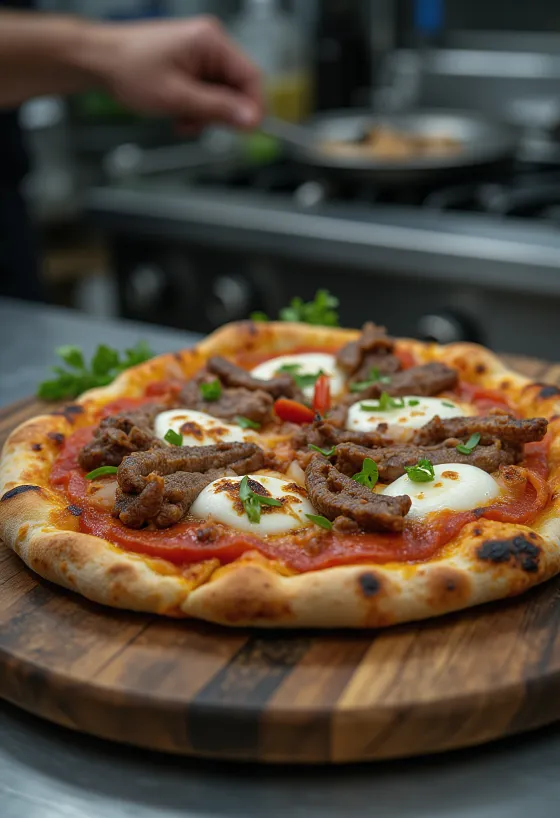 Pizza estilo queniano com carne grelhada Nyama Choma
