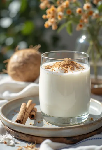 Kefir de coco e canela no copo, bebida cremosa clara polvilhada com coco ralado e canela