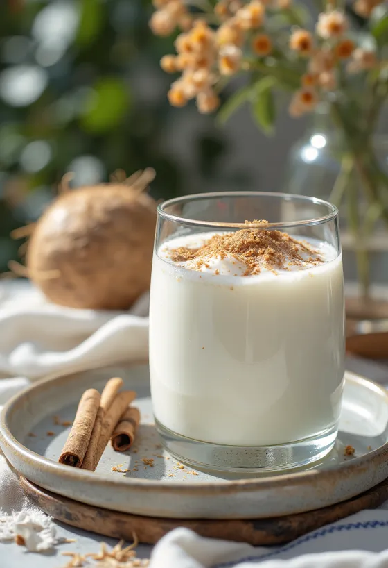 Kefir de coco e canela no copo, bebida cremosa clara polvilhada com coco ralado e canela
