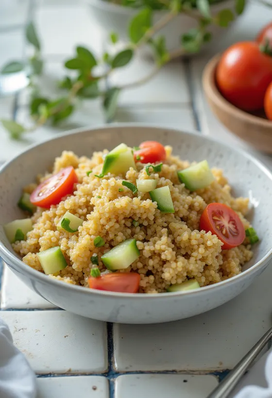 Salada de quinoa com molho de tahine servida