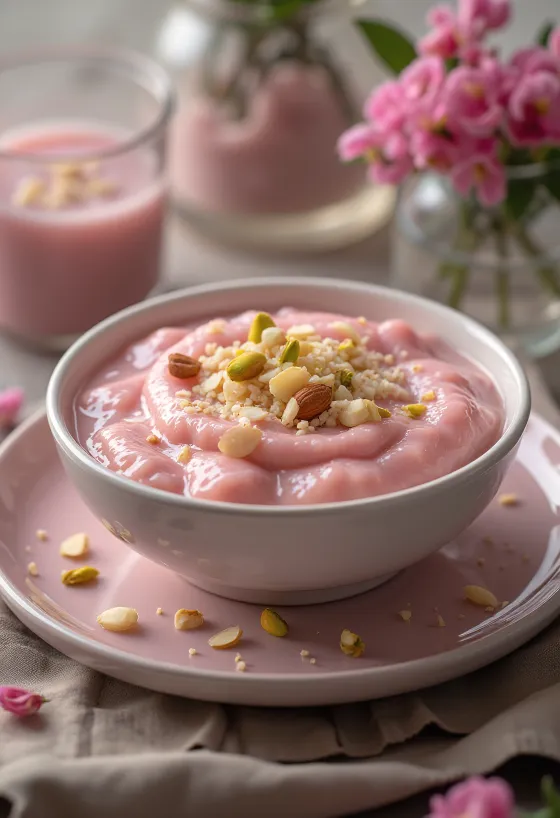 Sobremesa kheer de rosas decorada com amêndoas e pistache