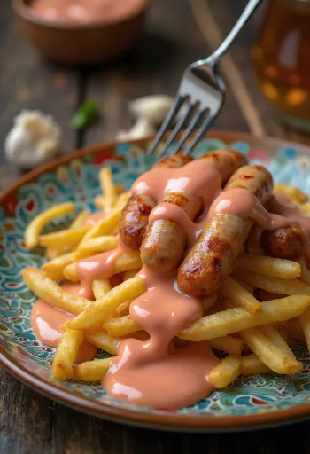 Salchipapas com batata frita e salsicha cobertas com molho rosé cremoso