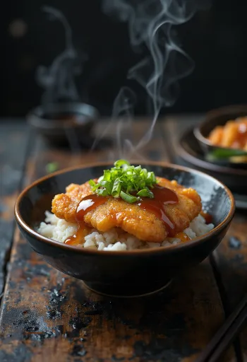 Tonkatsu com molho de soja, decorado com gergelim e coentro