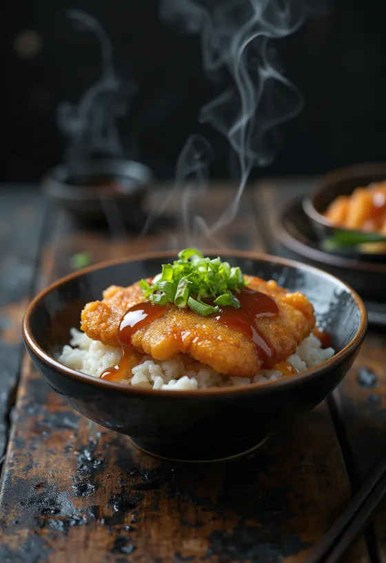 Tonkatsu com molho de soja, decorado com gergelim e coentro
