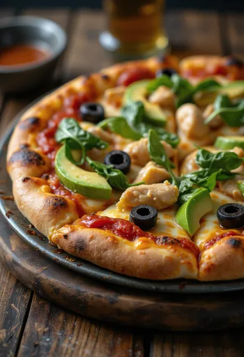 Pizza California com abacate fresco, peito de frango e espinafre