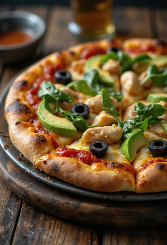 Pizza California com abacate fresco, peito de frango e espinafre