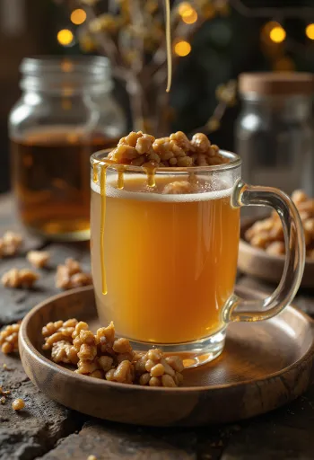 Sidra com caramelo e nozes servida no copo