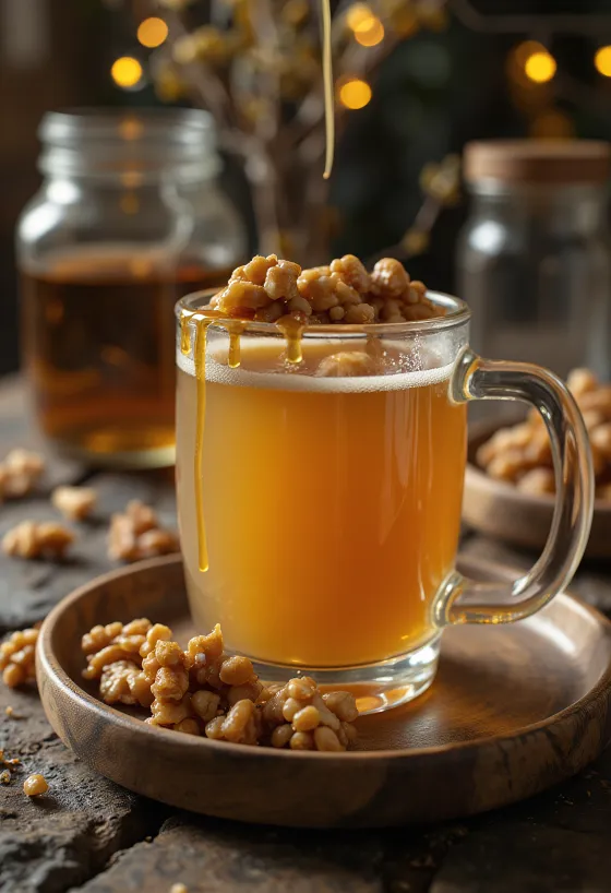 Sidra com caramelo e nozes servida no copo