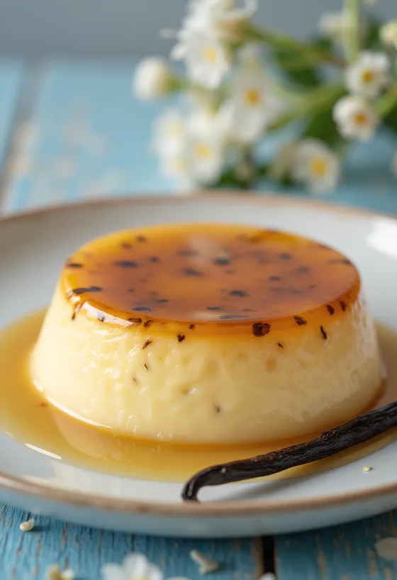 Pudim de baunilha, servido com calda de caramelo