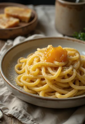 Macarrão com sêmola polvilhado com açúcar de confeiteiro e geleia