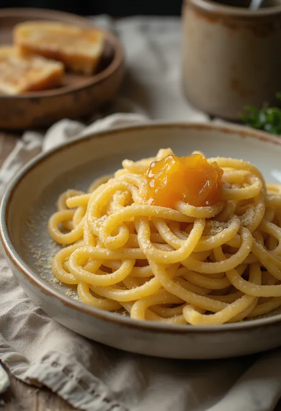 Macarrão com sêmola polvilhado com açúcar de confeiteiro e geleia