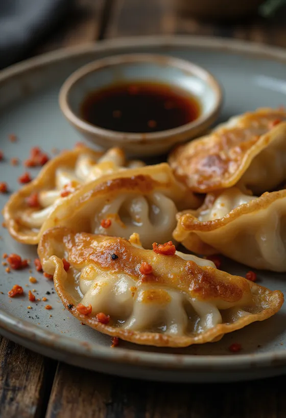 Gyoza com óleo de pimenta – bolinhos dourados regados com óleo picante
