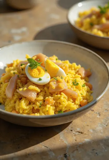 Kedgeree servido com peixe defumado e ovo cozido