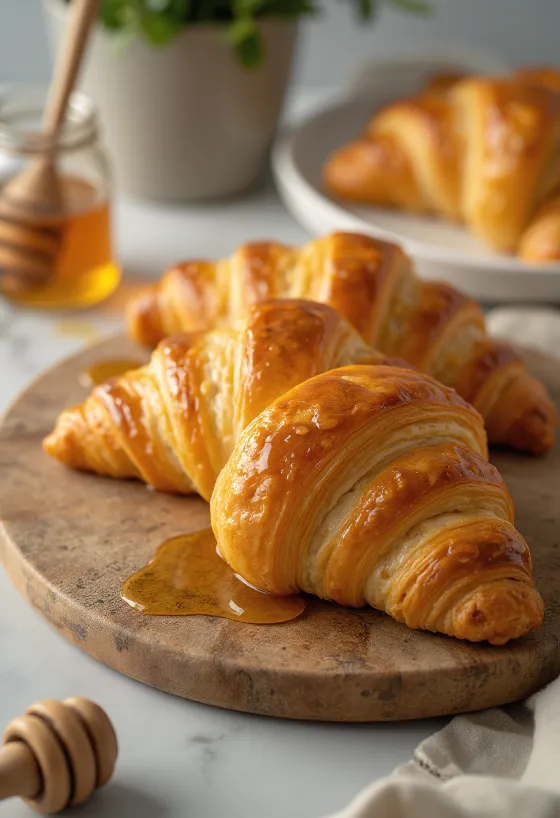 Croissants de mel brilhantes recém-saídos do forno