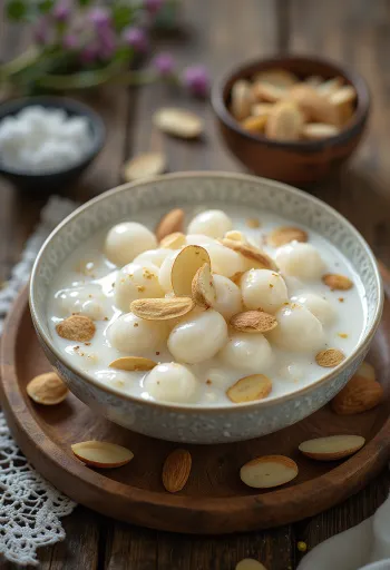 Sobremesa sabudana kheer decorada com amêndoas e cardamomo