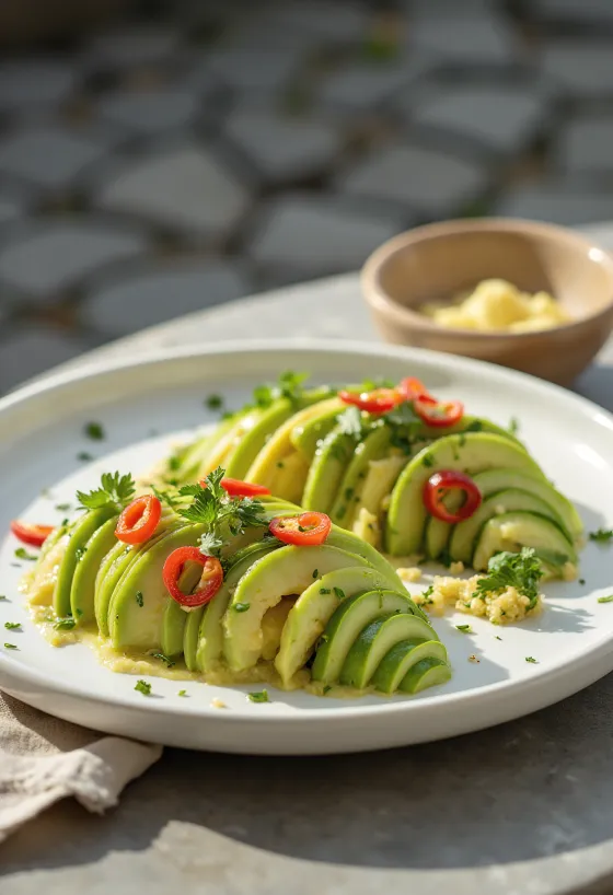Tiradito vegano com abacate, cenoura e pepino, decorado com coentro fresco.