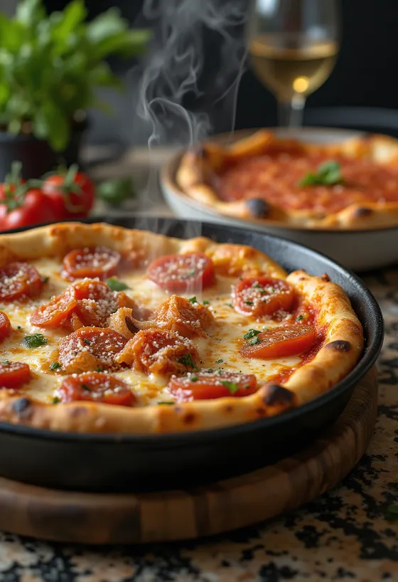Chicago Deep-Dish Pizza com muito queijo e molho de tomate
