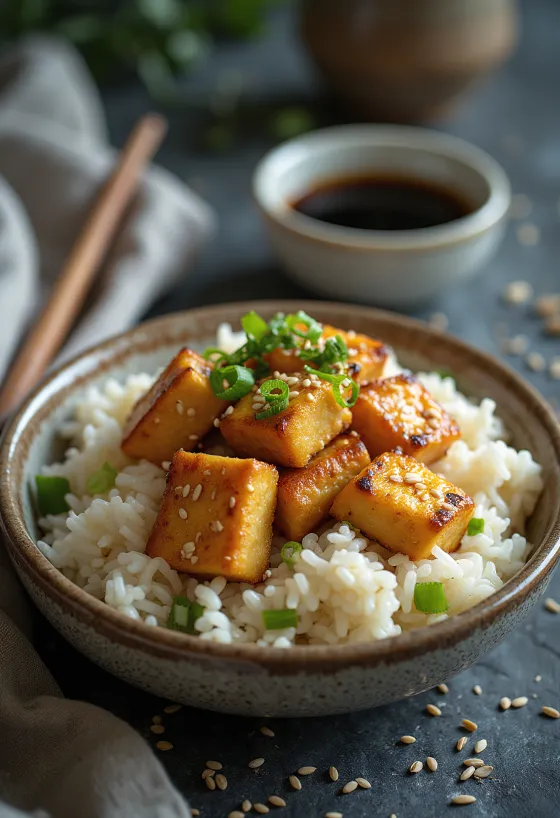 Arroz com Tofu Apimentado servido