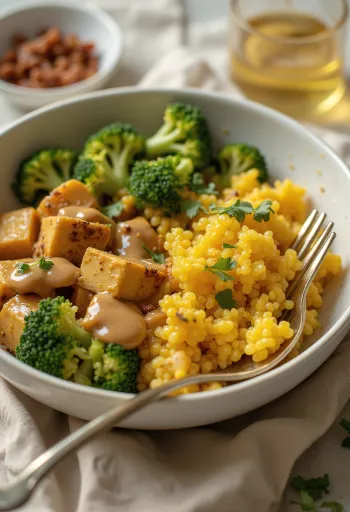 Buddha Bowl de quinoa ao curry com tofu e tahine servido