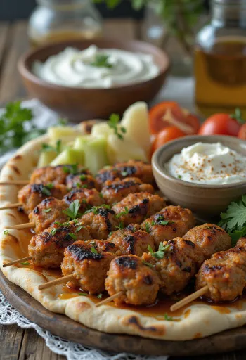 Kafta servida com pão sírio fresco e salada