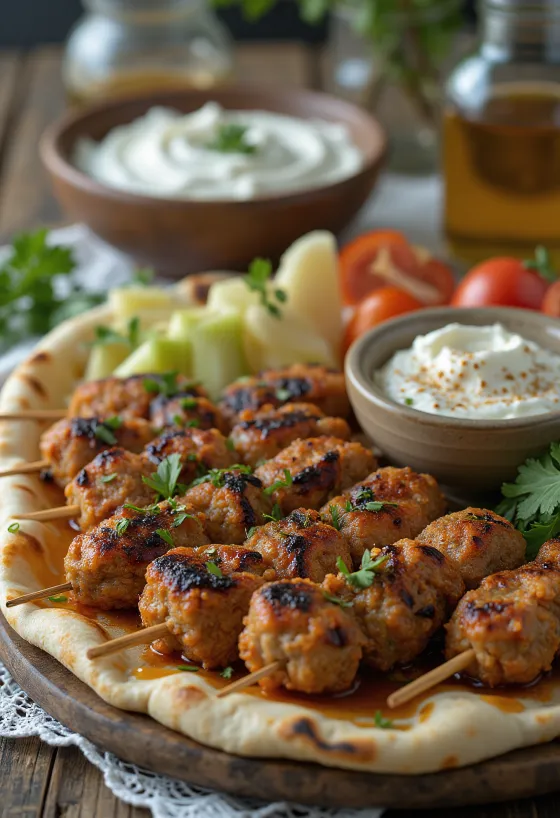 Kafta servida com pão sírio fresco e salada
