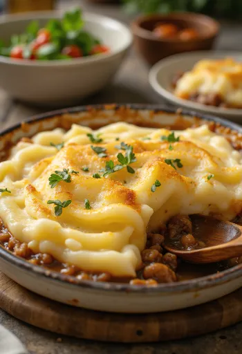 Shepherd’s pie clássico servido com purê de batata por cima