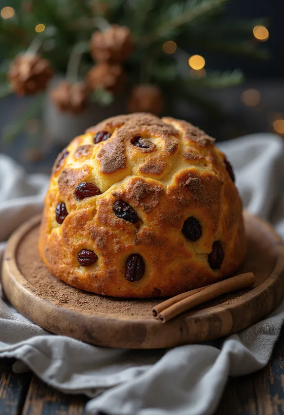 Panetone com canela recém-assado, casca dourada e interior macio