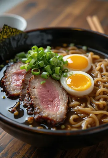 Ramen com carne bovina grelhada, servido com ovo e vegetais frescos