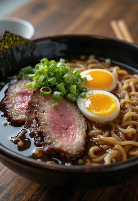 Ramen com carne bovina grelhada, servido com ovo e vegetais frescos