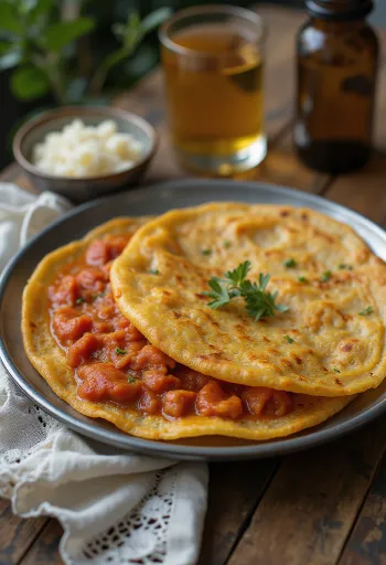 Dosa de tomate avermelhada e fina