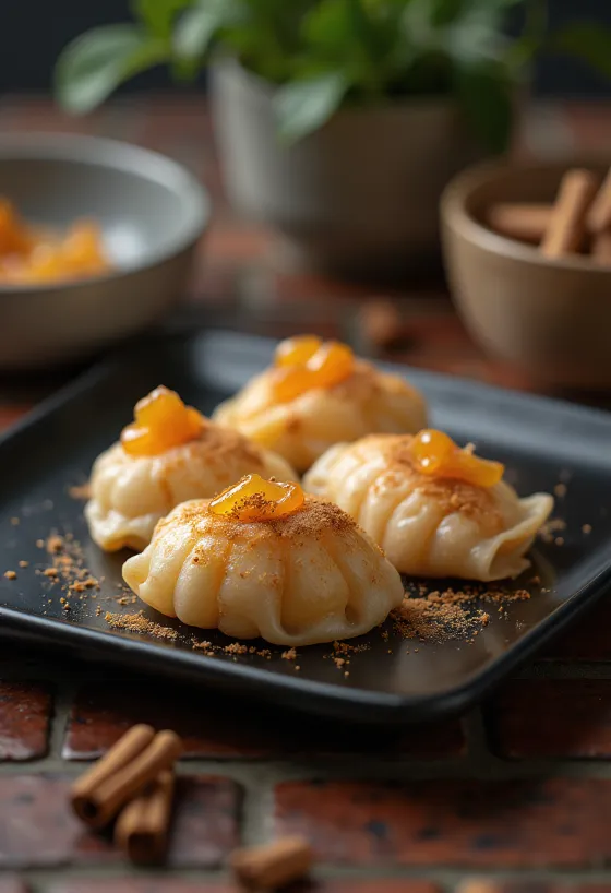 Yatsuhashi com pêssego, massa de farinha de arroz decorada com purê de pêssego