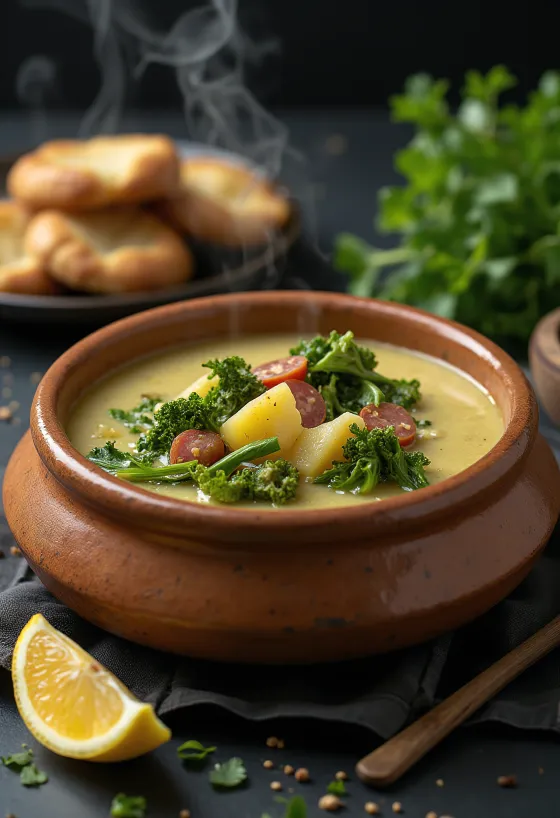 Caldo Verde com limão, servido com couve fresca e linguiça.