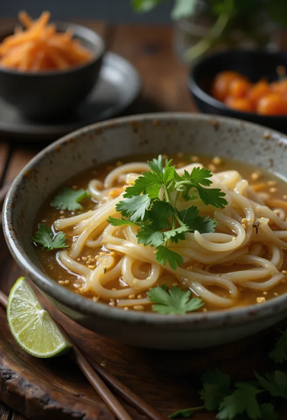 Pho com óleo de gergelim em tigela com macarrão de arroz, coentro e limão