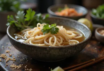 Pho com óleo de gergelim em tigela com macarrão de arroz, coentro e limão