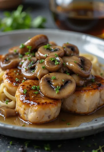 Escalopes de vitela ao molho Marsala servidos com cogumelos e salsinha