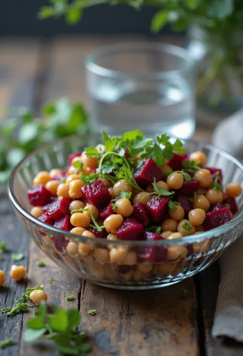 Salada de beterraba com grão-de-bico, servida com rúcula fresca e nozes tostadas.