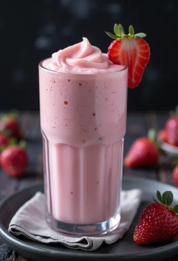 Milkshake de morango servido no copo