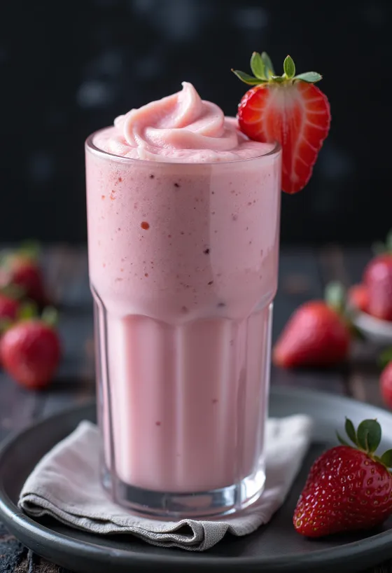 Milkshake de morango servido no copo
