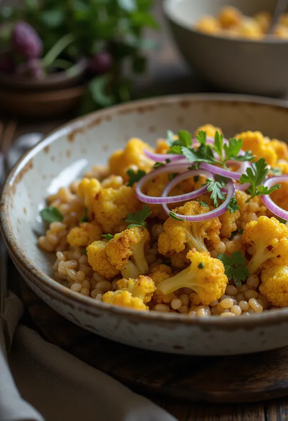 Farro com couve-flor assada e mistura de especiarias curry servido