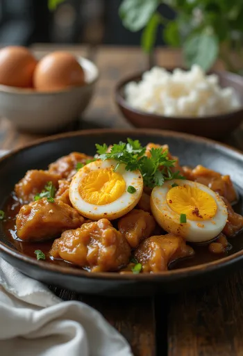 Adobo com ovos servido, combinação deliciosa de frango e ovo