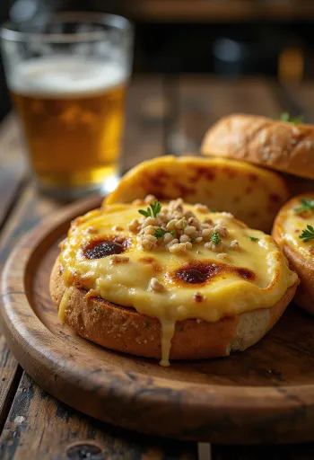 Welsh rarebit clássico em molho de queijo, sobre torrada