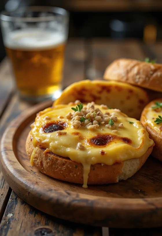 Welsh rarebit clássico em molho de queijo, sobre torrada