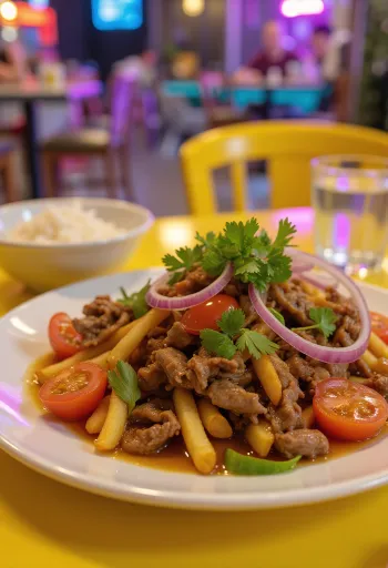 Lomo saltado com limão, prato peruano com carne bovina, tomate e batata frita