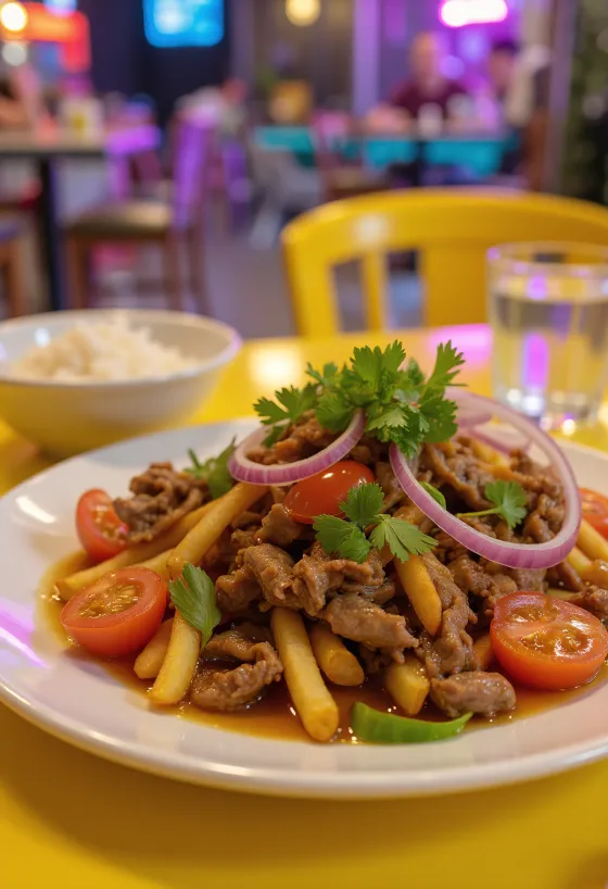 Lomo saltado com limão, prato peruano com carne bovina, tomate e batata frita
