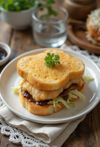 Tonkatsu sando de peixe, com repolho fresco e ketchup com mostarda