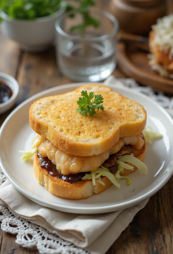 Tonkatsu sando de peixe, com repolho fresco e ketchup com mostarda