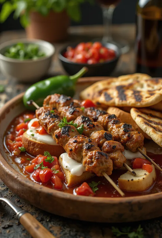 Yoğurtlu Kebab com espetos de carne grelhada, molho de tomate e iogurte