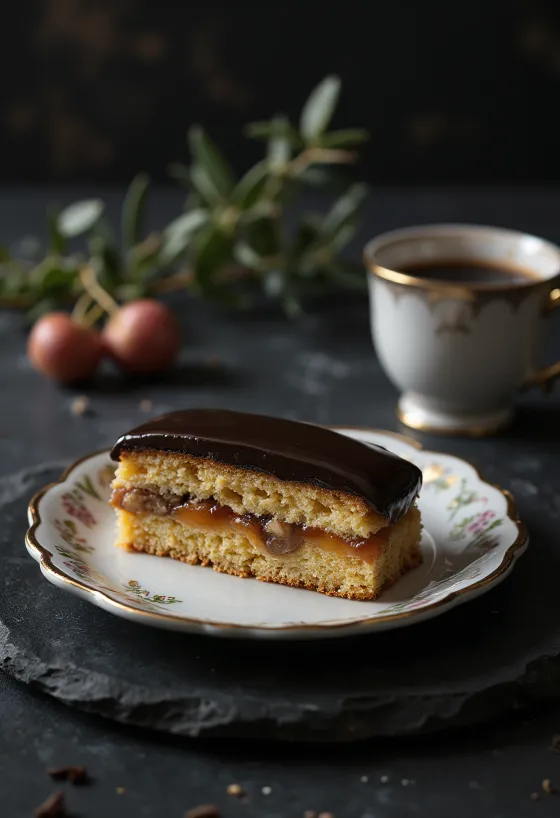 Zserbó caseiro com massa amanteigada, recheio de nozes e cobertura de chocolate