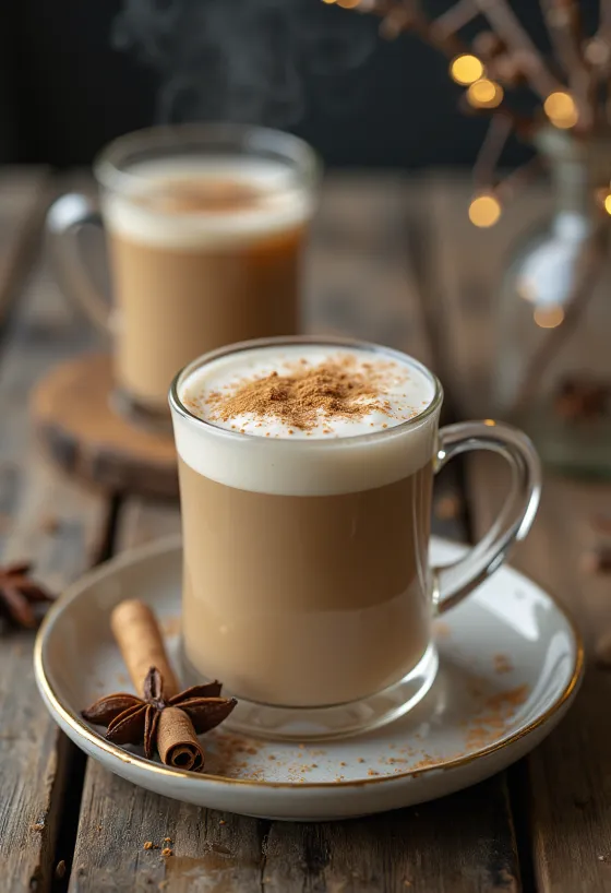 Chai latte em uma caneca, decorado com canela e cardamomo